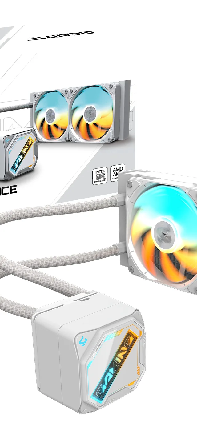 GIGABYTE GAMING 240 ICE Liquid CPU Cooler- 2x120mm ARGB Fans, slide-in interlocking mechanism, DAISY-CHAIN, Intel LGA 1851 and AMD AM5 Compatible