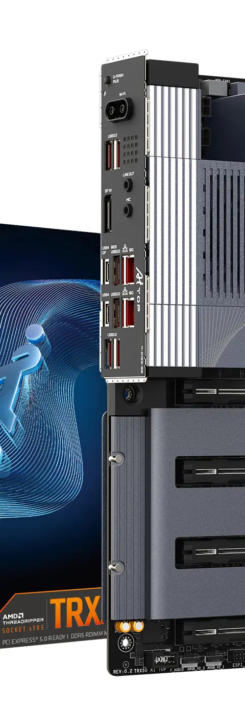 GIGABYTE TRX50 AI TOP-2B Motherboard - AMD Ryzen Threadripper PRO 7000 CPUs, 16+8+4 Phases Digital VRM, up to 5200 MHz DDR5, 4xPCIe 5.0 M.2, Wi-Fi 7, 10 GbE LAN, USB 4