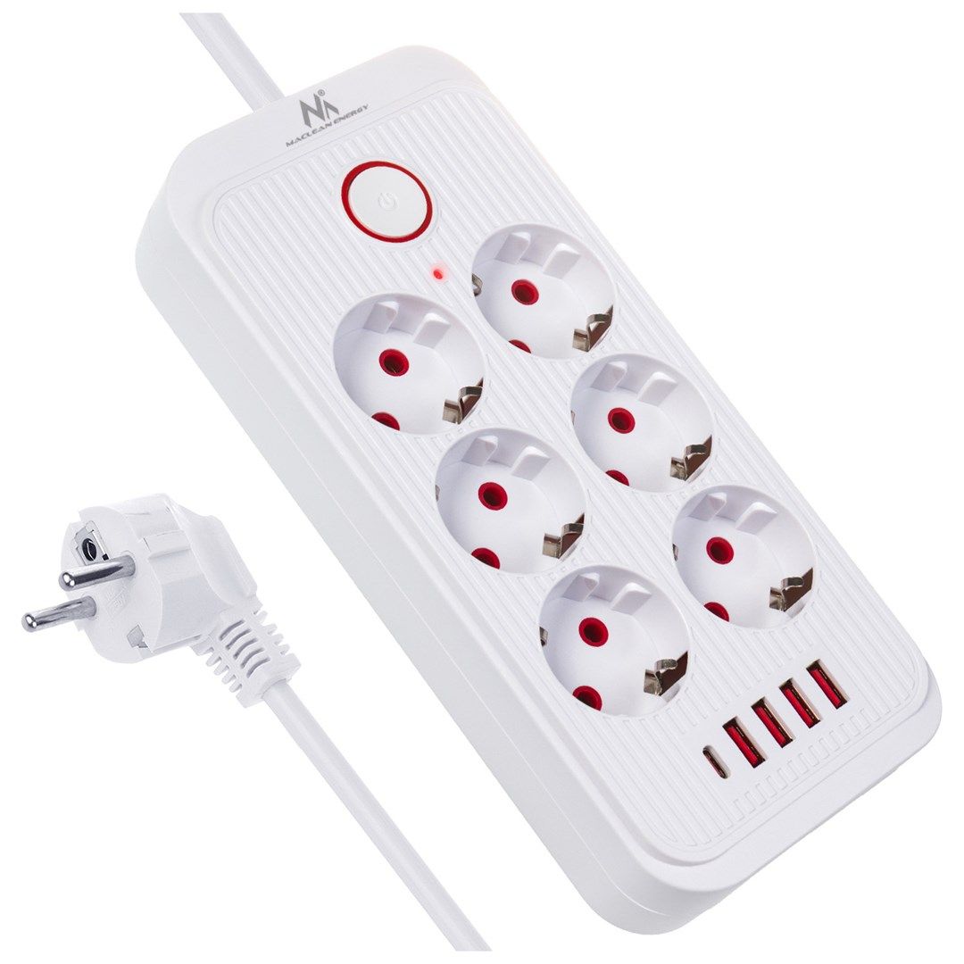 Maclean Power Strip 6 Socket Extension 4xUSB 110-240V AC 50/60Hz 2.1A Max 2500W 1.5 M White MCE389 W