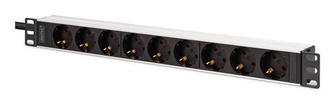 Multiple socket outlet with aluminum profile, 9-way socket outlet with earthing contact, 2 m supply cable, IEC C20 plug