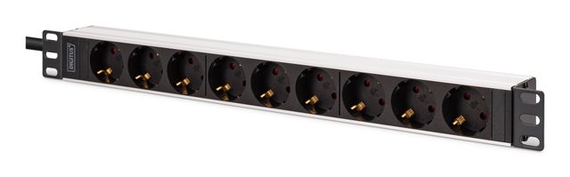 Multiple socket outlet with aluminum profile, 9-way socket outlet with earthing contact, 2 m supply cable, IEC C20 plug