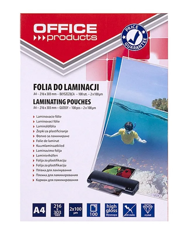OFFICE PRODUCTS Laminating Film A4 2x100 Microns Glossy 100 Sheets Transparent