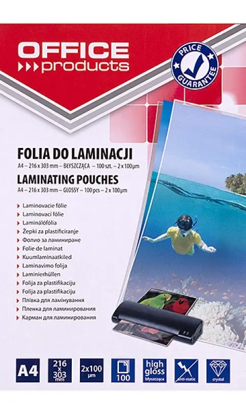 OFFICE PRODUCTS Laminating Film A4 2x100 Microns Glossy 100 Sheets Transparent