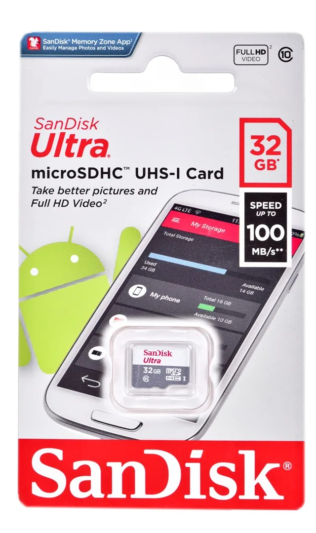 SanDisk Ultra 32GB MicroSDHC UHS-I Card - 100MB/S