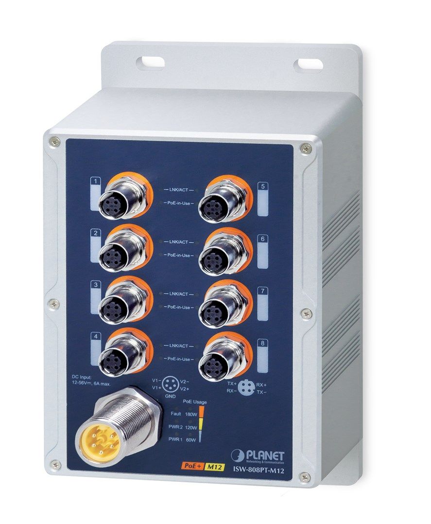 PLANET IP67-Rated Industrial 8-Port Unmanaged Power Over Ethernet (PoE) Blue Grey