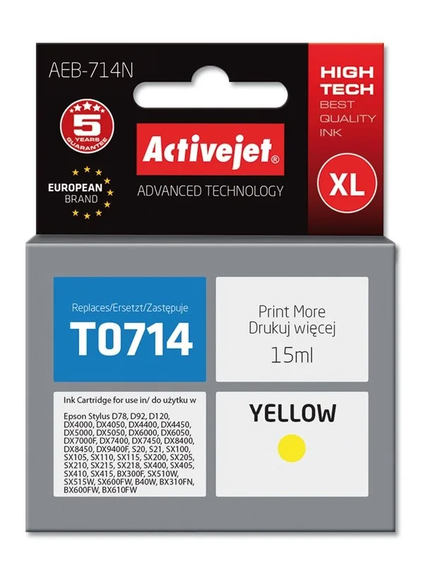 Activejet AEB-714N Ink Cartridge - Yellow, 15ml
