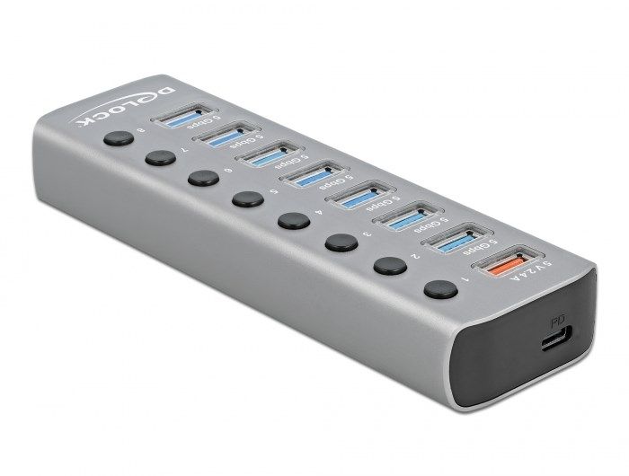 DELOCK USB 3.2 Gen 1 Hub Mit 7 Ports 1 Schnellladeport 1 USB-C PD 3.0 Port Mit Switch Und Beleuchtung