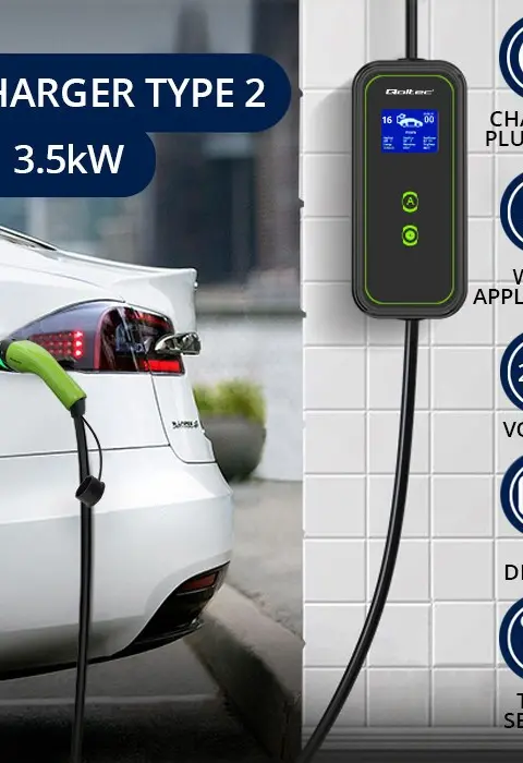 Qoltec Mobile EV Car Charger Adjustable 2in1 Type2 3.5kW 230V Wi-Fi LCD Portable Wallbox 5m