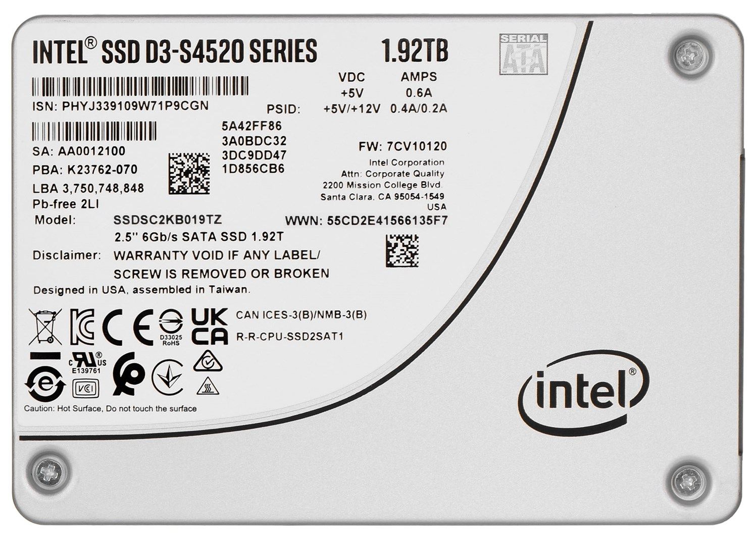 D3 SSDSC2KB019TZ01 internal solid state drive 1.92 TB 2.5" Serial ATA III TLC 3D NAND