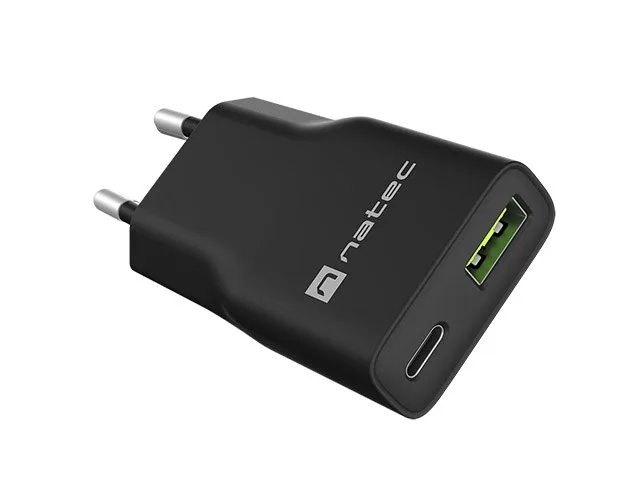 NATEC RIBERA GAN SLIM MAINS CHARGER 1× USB-A 1× USB-C 20W BLACK