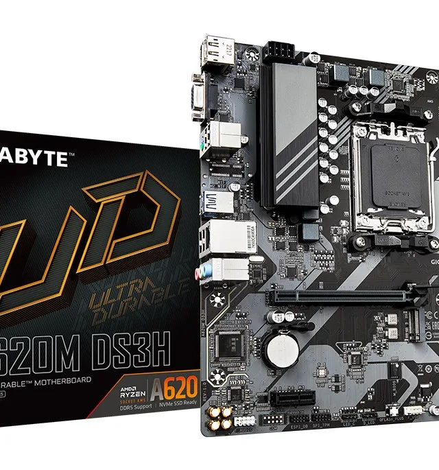 GIGABYTE A620M DS3H Motherboard - Supports AMD Ryzen 8000 CPUs, 5+2+2 Phases Digital VRM, up to 7600MHz DDR5 (OC), 1xPCIe 4.0 M.2, GbE LAN, USB 3.2 Gen 1