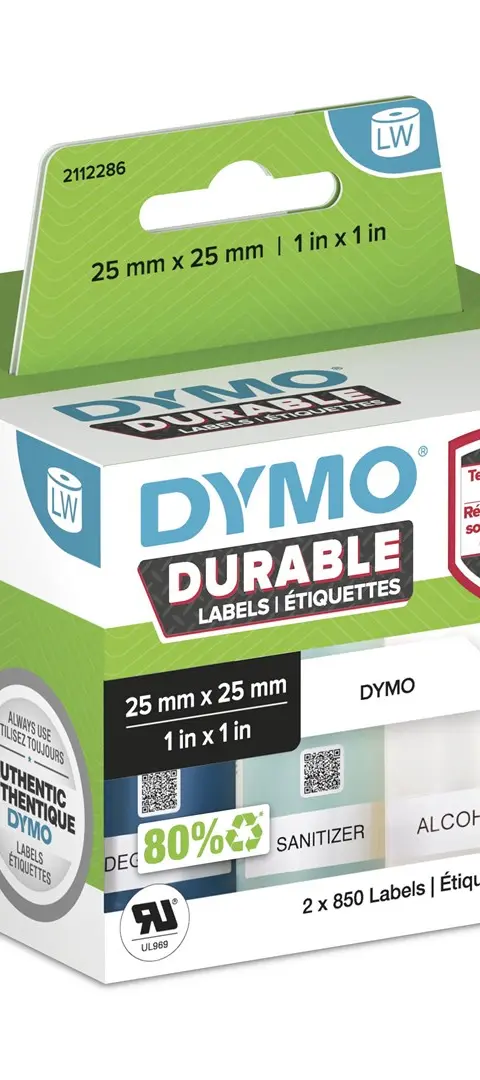 DYMO Authentic LabelWriter Durable Labels | 25mm x 25mm | White Poly | 2 Rolls of 850 (1,700 Self-Adhesive Labels) | High-Performance | For LabelWriter Label Makers