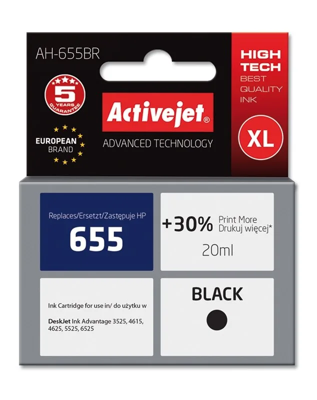 Activejet AH-655BR ink (replacement for HP 655 CZ109AE; Premium; 20 ml; black)