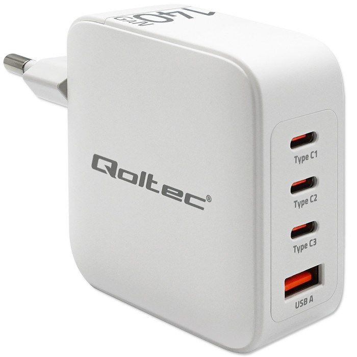 Qoltec 140W GaN Wall Charger 5-20V 2.5-5A 3 X USB-C PD 1 X USB QC 3.0 White