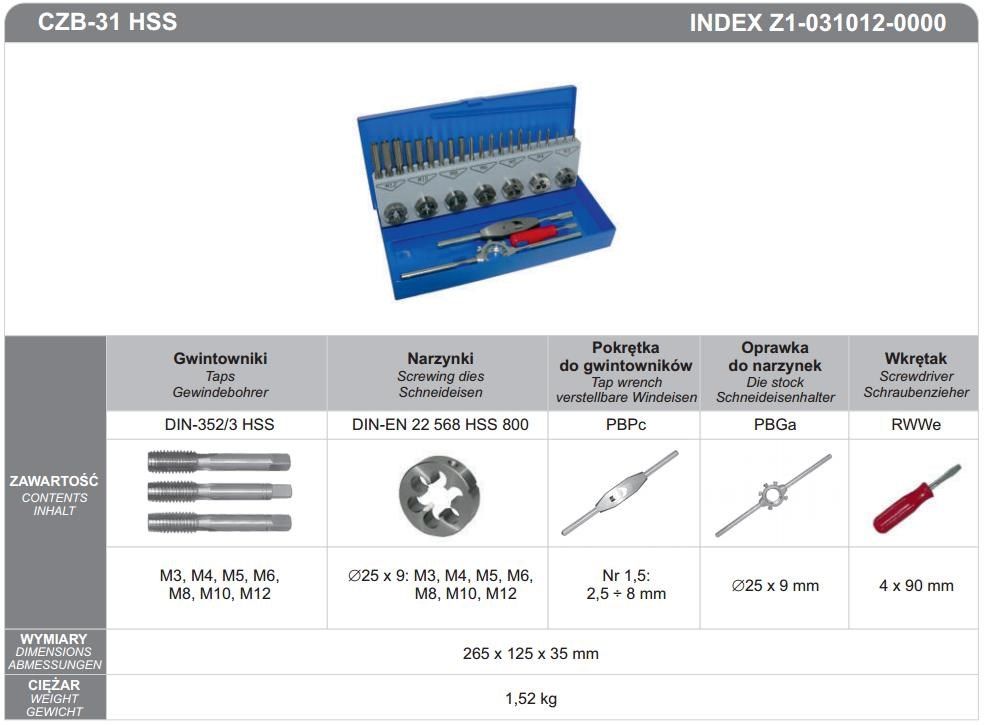 FANAR TAPS DIES Set 31cz M3-M12 CZB-31 INOX