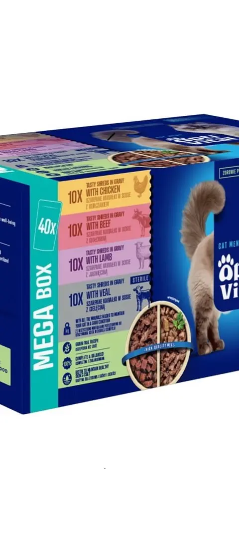 OPTIVITAL Tasty Shreds In Gravy With Chicken Beef Lamb And Veal - Wet Cat Food - 40x85g