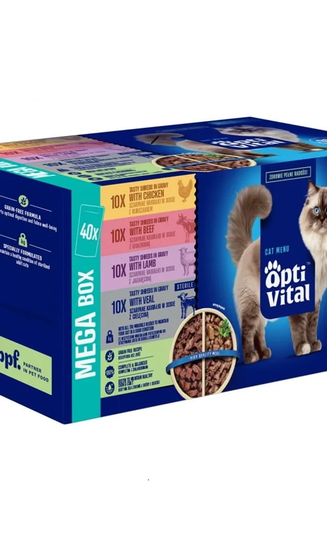OPTIVITAL Tasty Shreds In Gravy With Chicken Beef Lamb And Veal - Wet Cat Food - 40x85g
