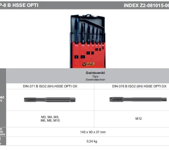 GWINTOWNIKI ZESTAW M3-M12 DIN-371B/DIN-376B (6H) HSSE CZP-8 OPTI