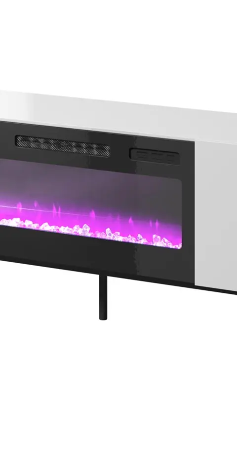 RTV SLIDE 200K Cabinet With An Electric Fireplace On A Black Frame 200x40x57 Cm All In White Gloss