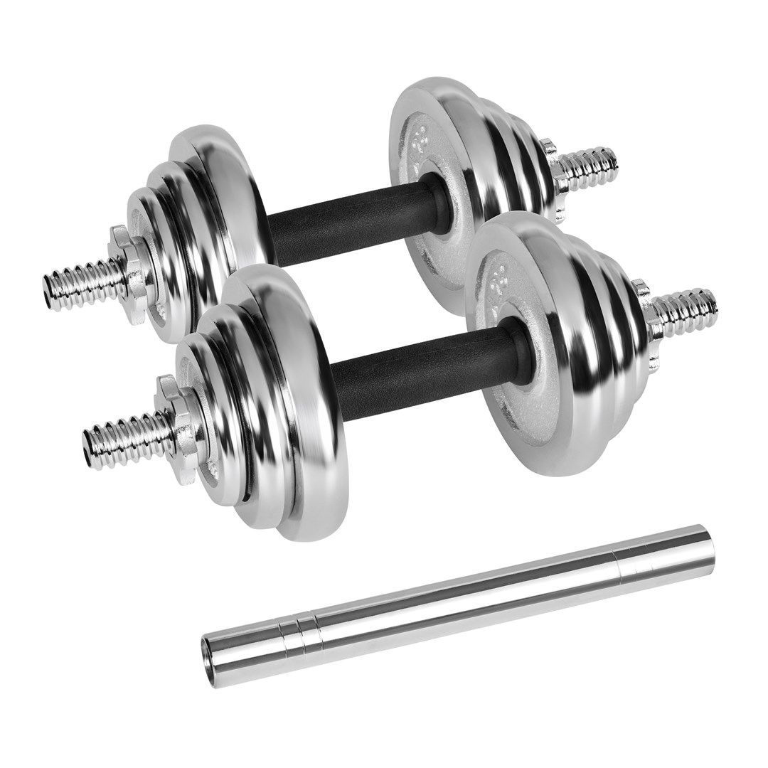 REBEL ACTIVE Chrome Adjustable Dumbbells In A Case 20 Kg With Barbell