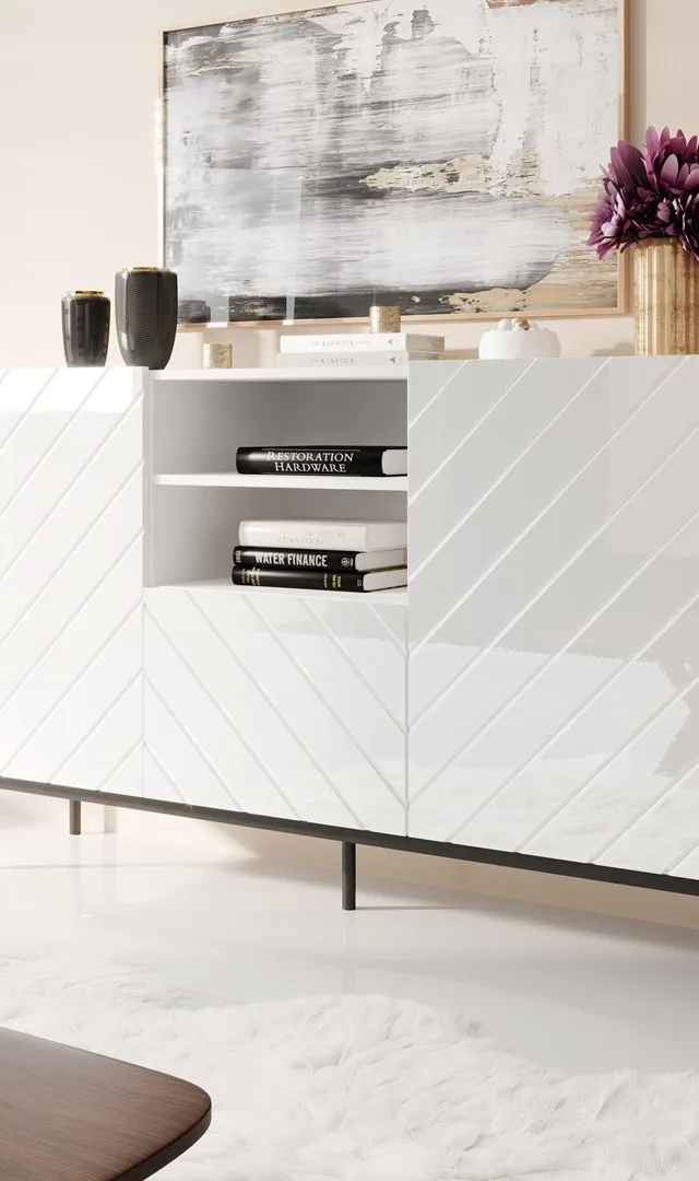 ABETO Chest Of Drawers On Black Steel Frame 150x42x90 White/Gloss White