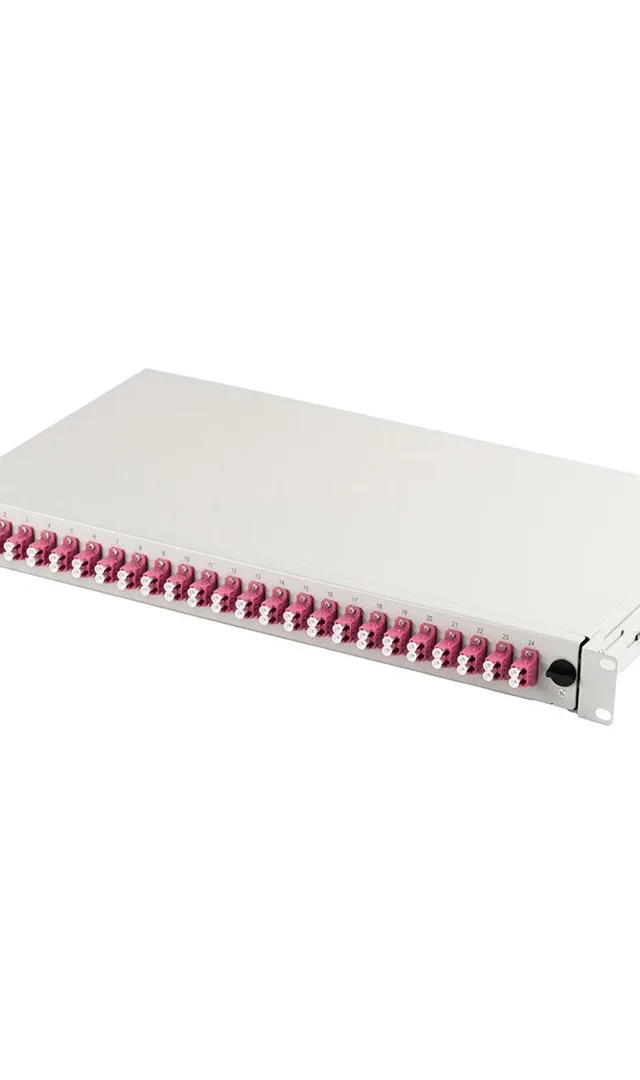FO patch panel with 19'' 1U accessory, 24x LC dx, OM4, adapters, extendable, grey