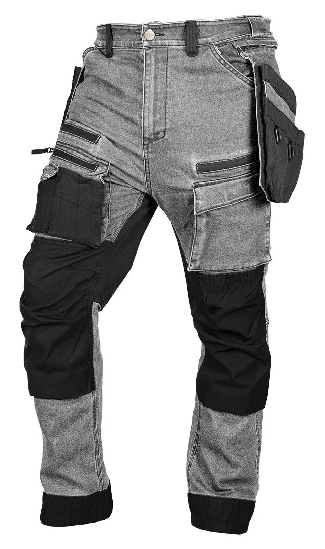 Spodnie robocze DENIM, wzmocnienia Cordura, odpinane kieszenie kaburowe, szare, rozmiar M