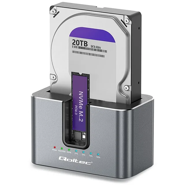 Qoltec 52631 HDD SSD doscking station | SATA | M.2 NVMe | cloning | USB-C | 10Gb/s | 28TB