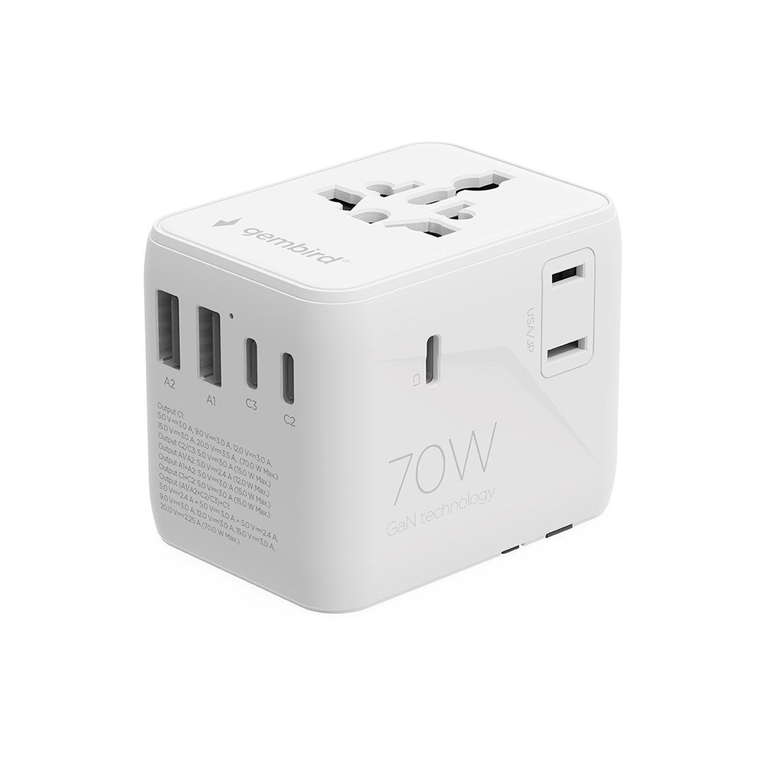 Gembird TPA-2A3C70-01-W Universal Travel Power Adapter 70 W White
