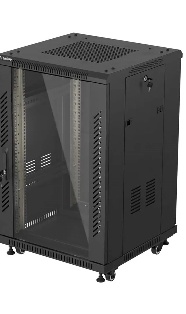 19" 18U 600 × 600 BLACK FLOOR-STANDING RACK CABINET WITH GLASS DOOR, LANBERG (FLAT PACK)