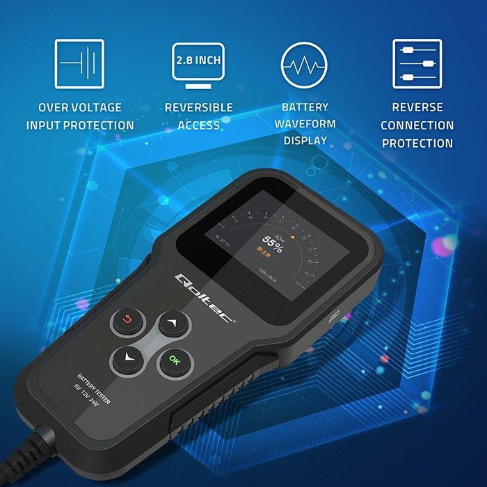 Qoltec Digital 3-In-1 Battery Tester With LCD Polish Menu 6V 12V 24V 10Ah-200Ah