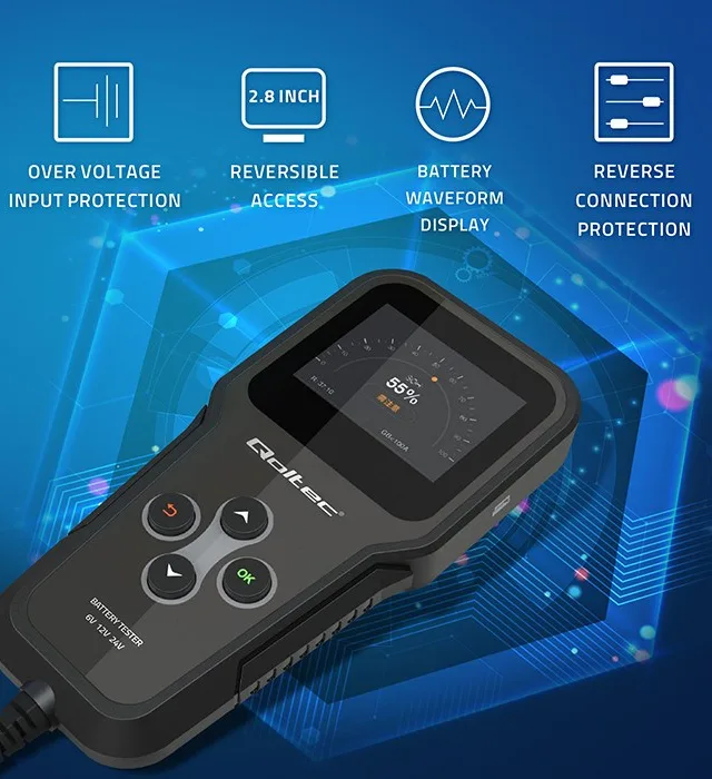 Qoltec Digital 3-In-1 Battery Tester With LCD Polish Menu 6V 12V 24V 10Ah-200Ah