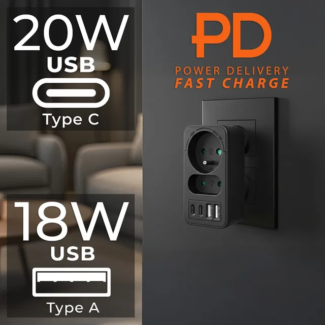 Maclean Current Socket X2 4xUSB Splitter With 2 Sockets 2xUSB A 2xUSB C PD 20W 1x16A 1x6A MCE249 F/B