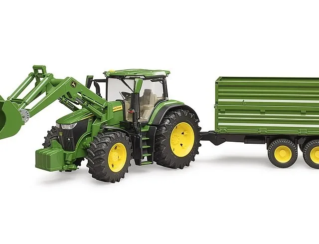 John Deere 7R 350 tractor with front loader and 2-axle trailer 03155 BRUDER