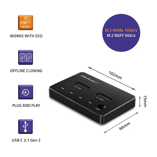 Qoltec M.2 SSD Docking Station NVMe SATA USB-C DUAL 2 X 2TB