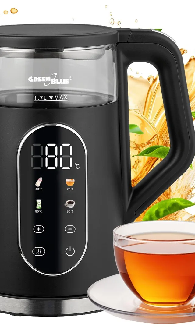 GreenBlue Cordless Electric Kettle 1.7 L Capacity Glass Water Tank Easy-To-Read Display Temperature Selection 2200 W GB670 B