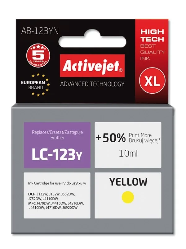 Activejet AB-123YN ink (replacement for Brother LC123Y/LC121Y; Supreme; 10 ml; yellow)