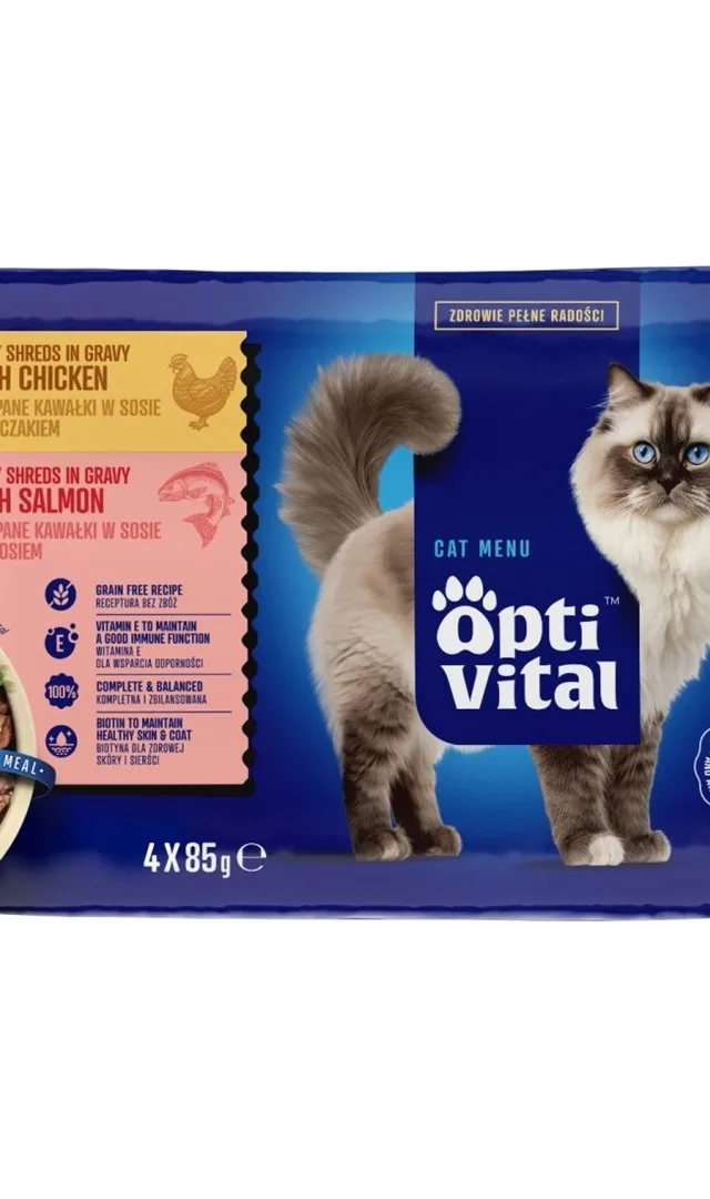 OPTIVITAL Shreds In Gravy With Chicken And Salmon - Wet Cat Food - 4x85g