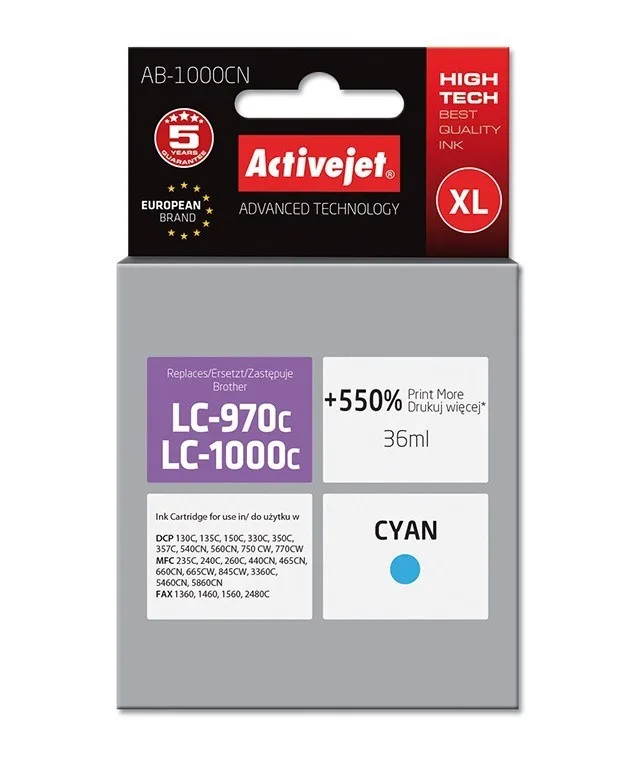 Activejet AB-1000CN ink (replacement for Brother LC1000/LC970C; 36 ml; cyan)