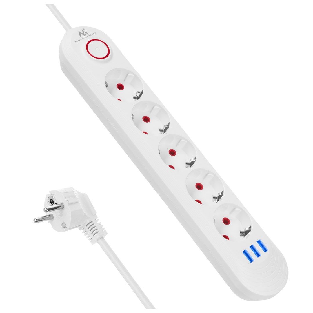 Maclean Power Strip 5 Socket Extension 3xUSB 110-240V AC 50/60Hz 2.1A Max 2500W 1.5m White MCE395 W