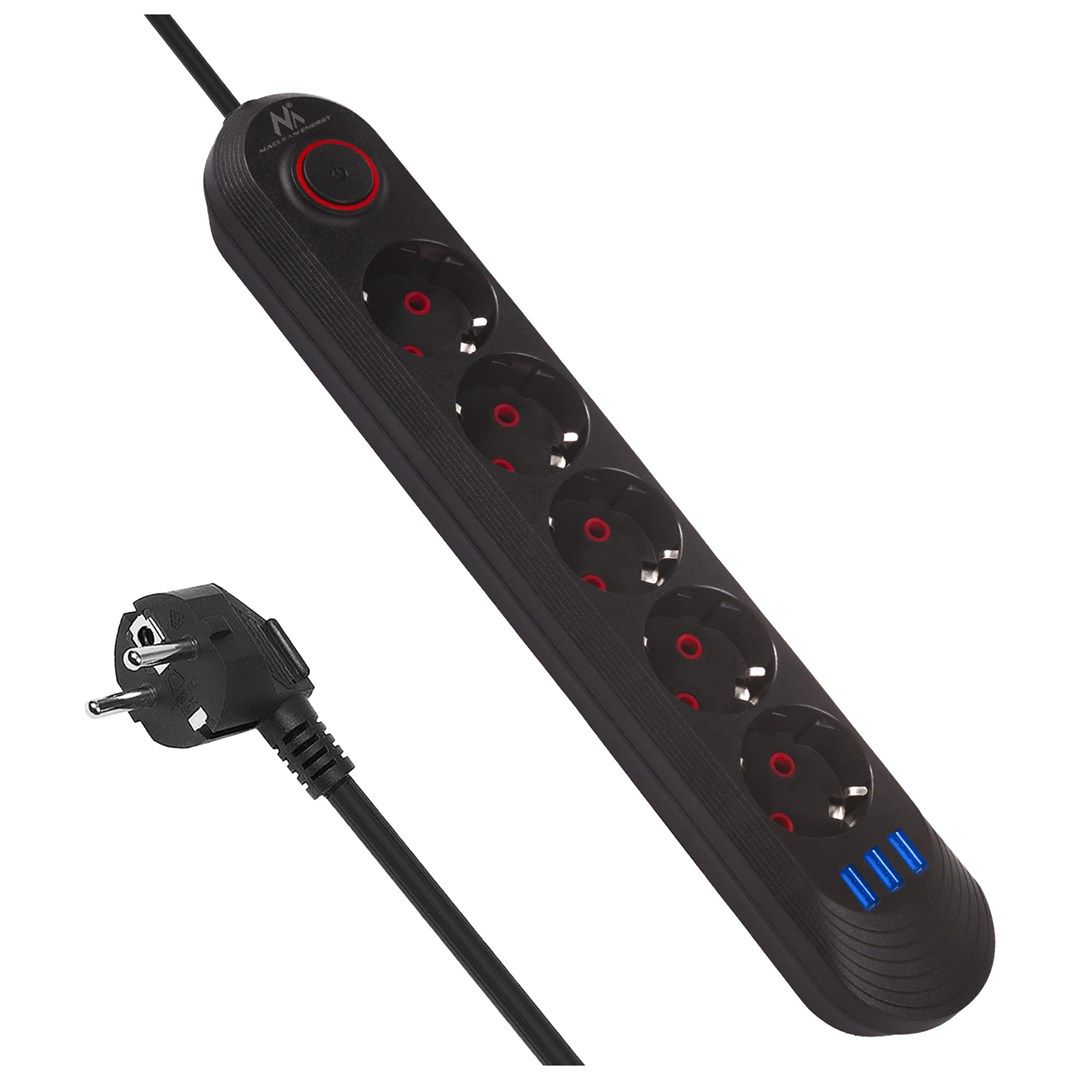 Maclean Power Strip 5 Socket Extension Cable 3xUSB 110-240V AC 50/60Hz 2.1A Max 2500W 1.5m Black MCE395 B