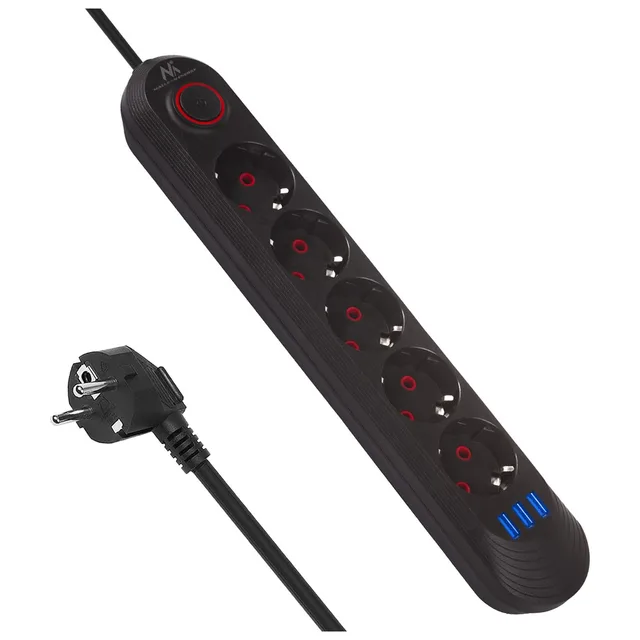 Maclean Power Strip 5 Socket Extension Cable 3xUSB 110-240V AC 50/60Hz 2.1A Max 2500W 1.5m Black MCE395 B