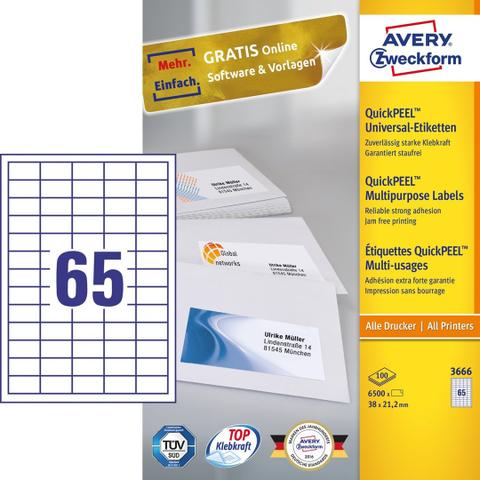 AVERY Zweckform Etiketten 3666 White 38,0 X 21,2 Mm - 6.500 Piece
