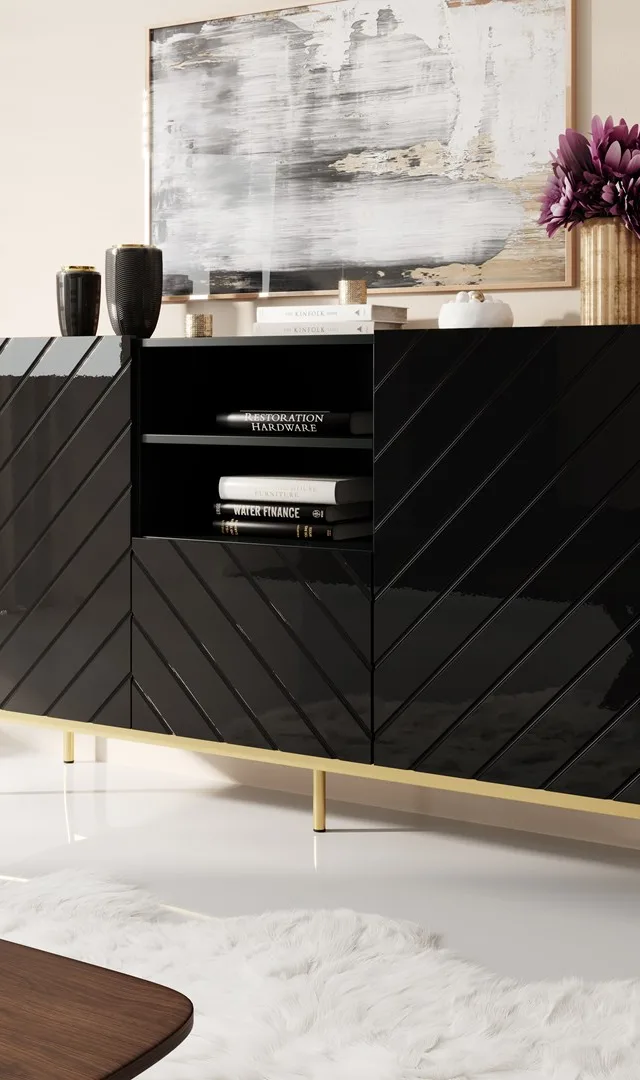 ABETO Chest Of Drawers On Golden Steel Frame 150x42x90 Black/Black Gloss