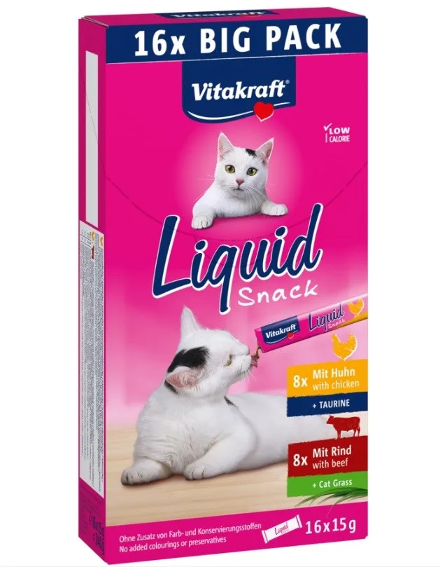 VITAKRAFT Cat Liquid-Snack With Beef And Chicken - Cat Treats - 16 X 15g