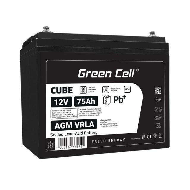 Green Cell CUBE AGM IP54 12V 75Ah VRLA Battery Gel Deep Cycle Powerchair Photovoltaic Leisure Battery Campervan