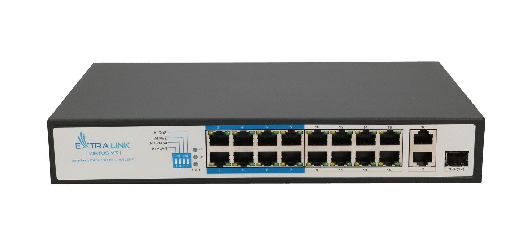 Extralink VIRTUS V3 PoE Switch 16x 100Mb/S PoE/PoE , 2x Gigabit RJ45 1x SFP, 150W