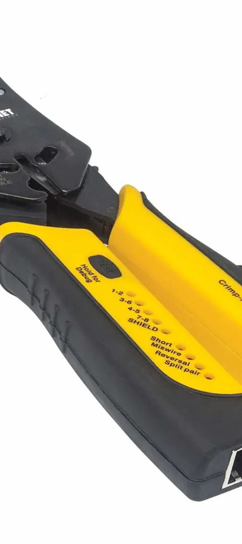 Intellinet Universal Modular Plug Crimping Tool and Cable Tester, 2-in-1 Crimper and Cable Tester: Cuts, Strips, Terminates and Tests, RJ45/RJ11/RJ12/RJ22