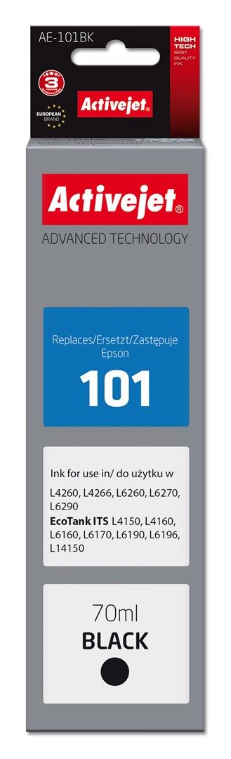 Activejet Ink AE-101BK Ink Bottle for Epson Printer, Replacement Epson 101; Supreme; 70 ml; black