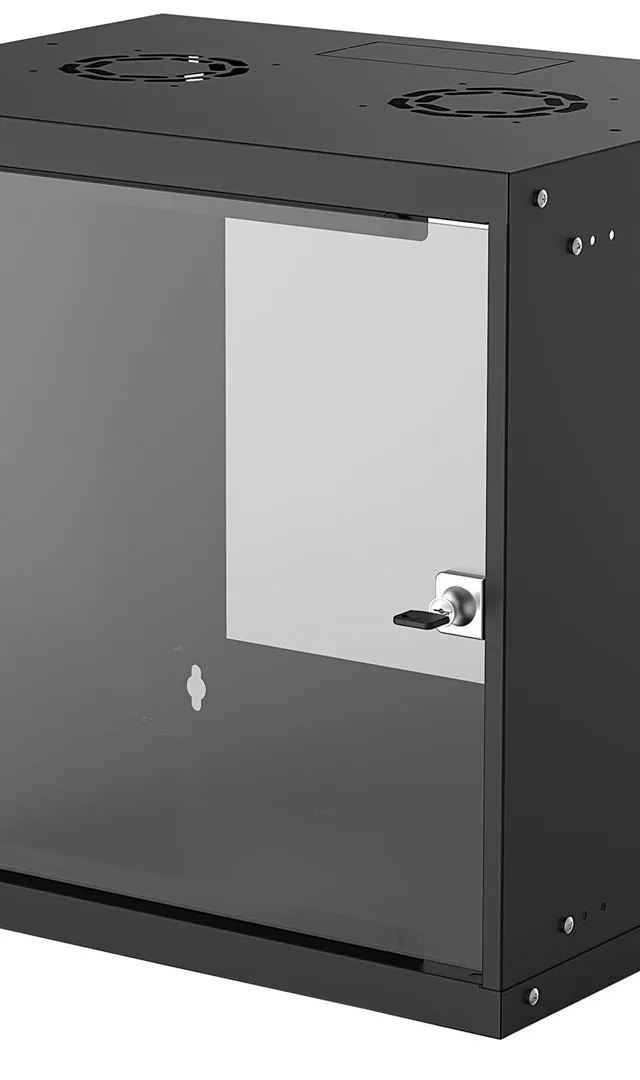 Intellinet 19" Network Cabinet - Wall Mount (Basic), 9U, 400mm Deep, Black, Flatpack, Max 50kg, Usable Depth 340mm, Glass Door, Rack, Parts for wall installation (eg screws and rawl plugs) not included